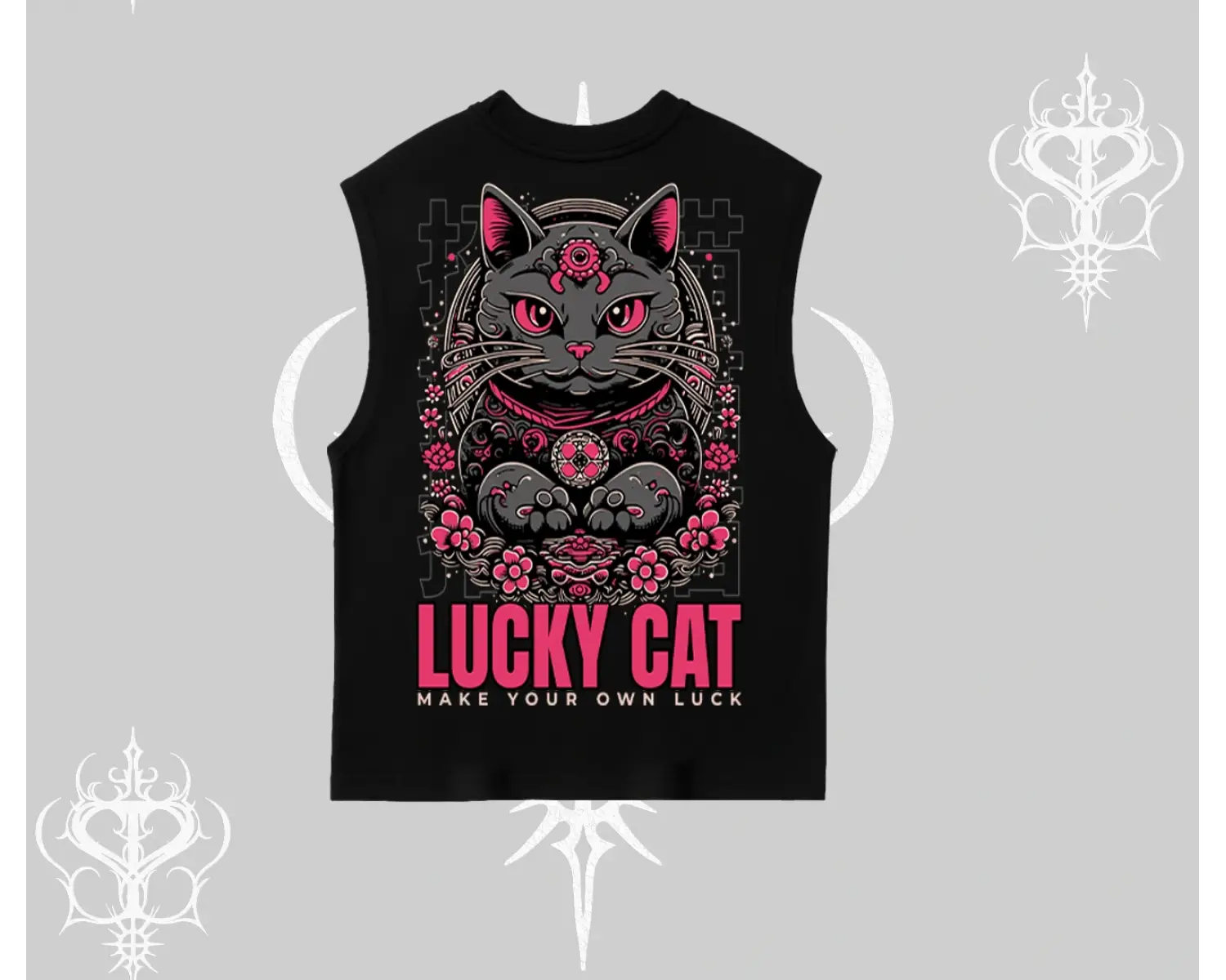 Lucky Cat Japon Tarzı Kedi Baskılı Kolsuz Tshirt