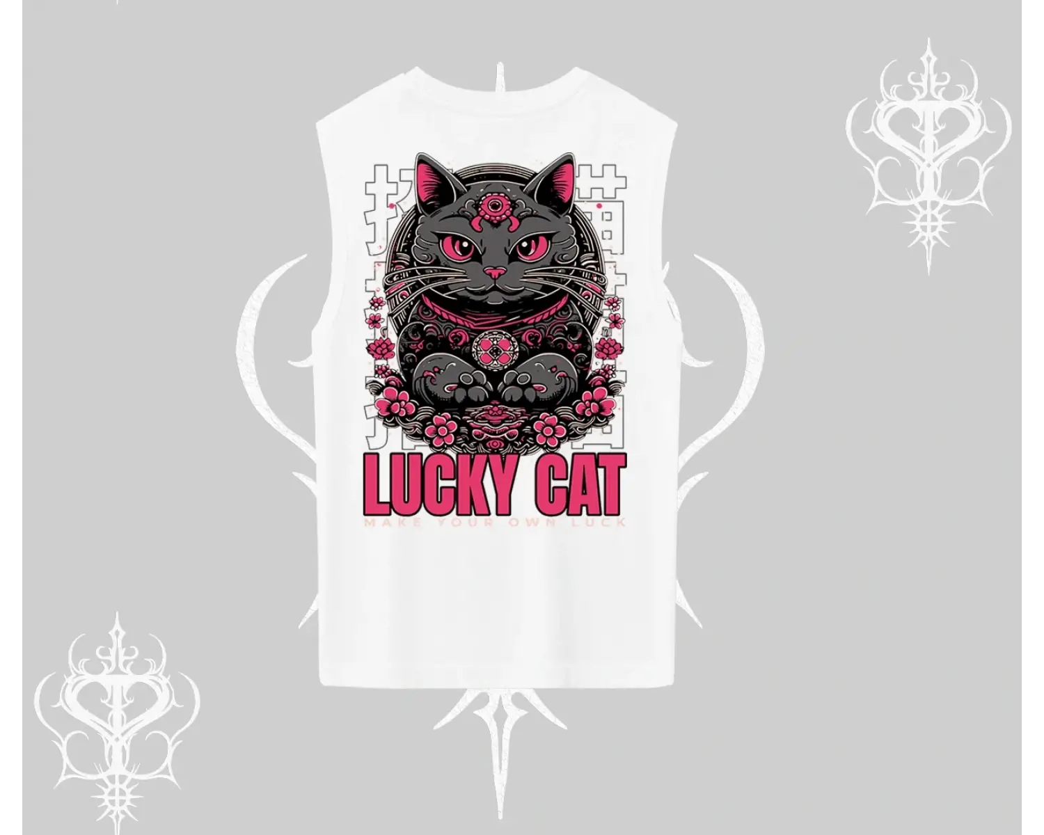 Lucky Cat Japon Tarzı Kedi Baskılı Kolsuz Tshirt