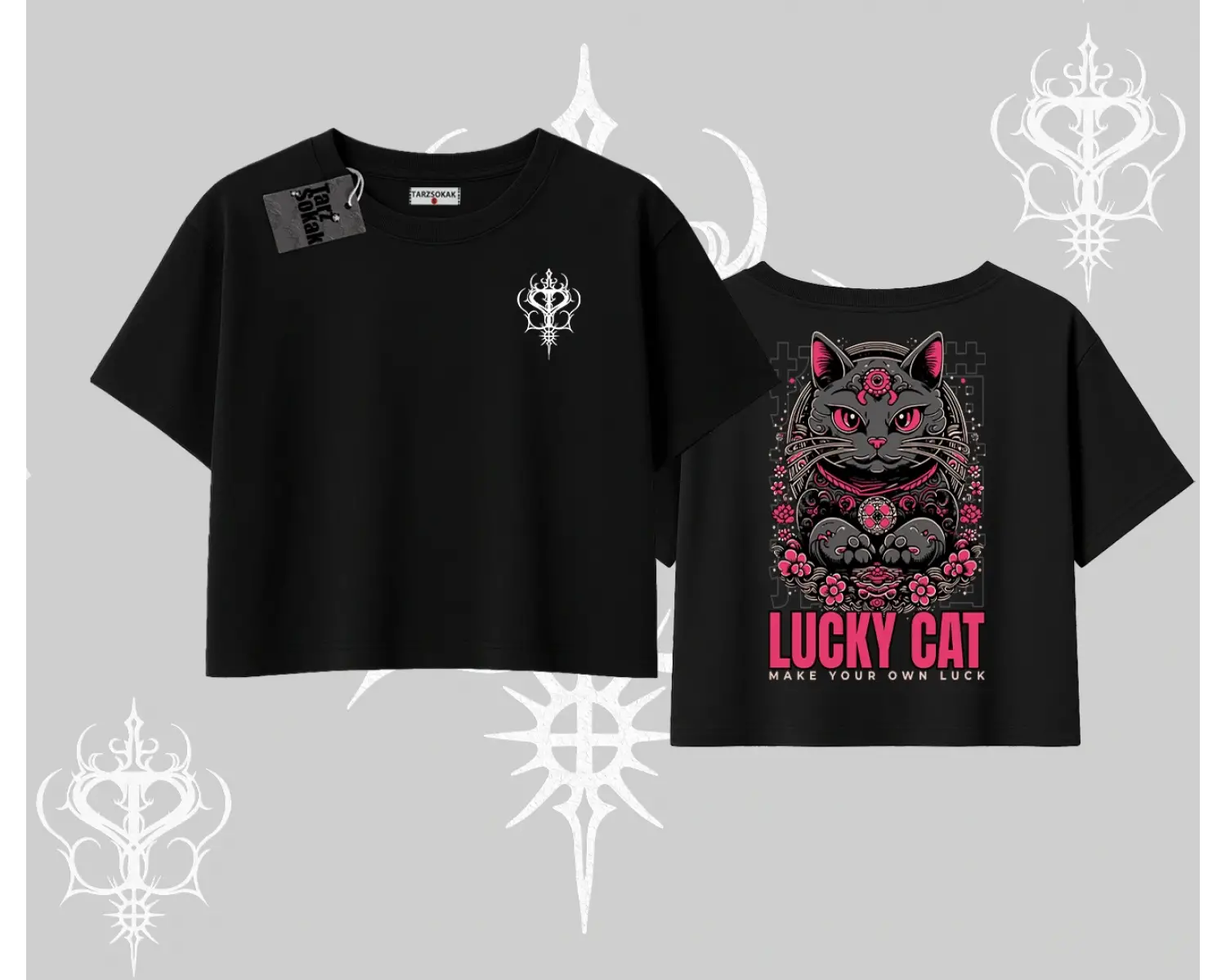 Lucky Cat Japon Tarzı Kedi Baskılı Oversize Crop Tshirt