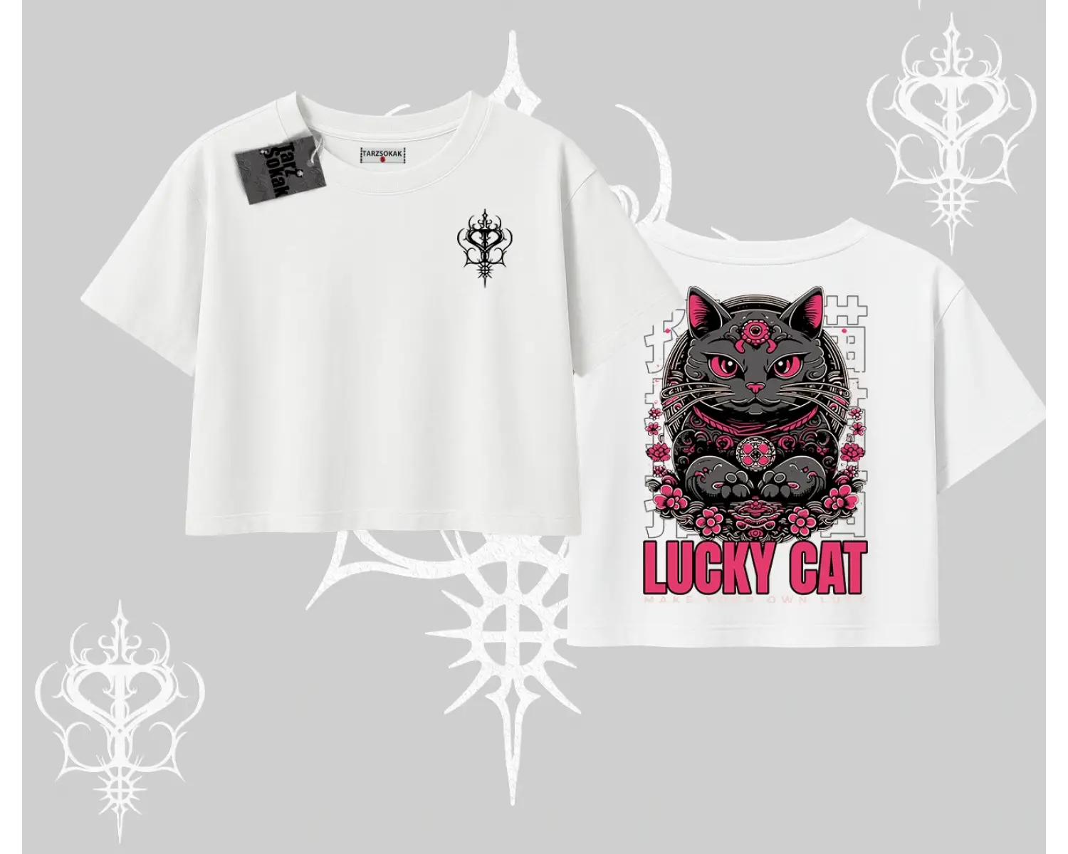 Lucky Cat Japon Tarzı Kedi Baskılı Oversize Crop Tshirt
