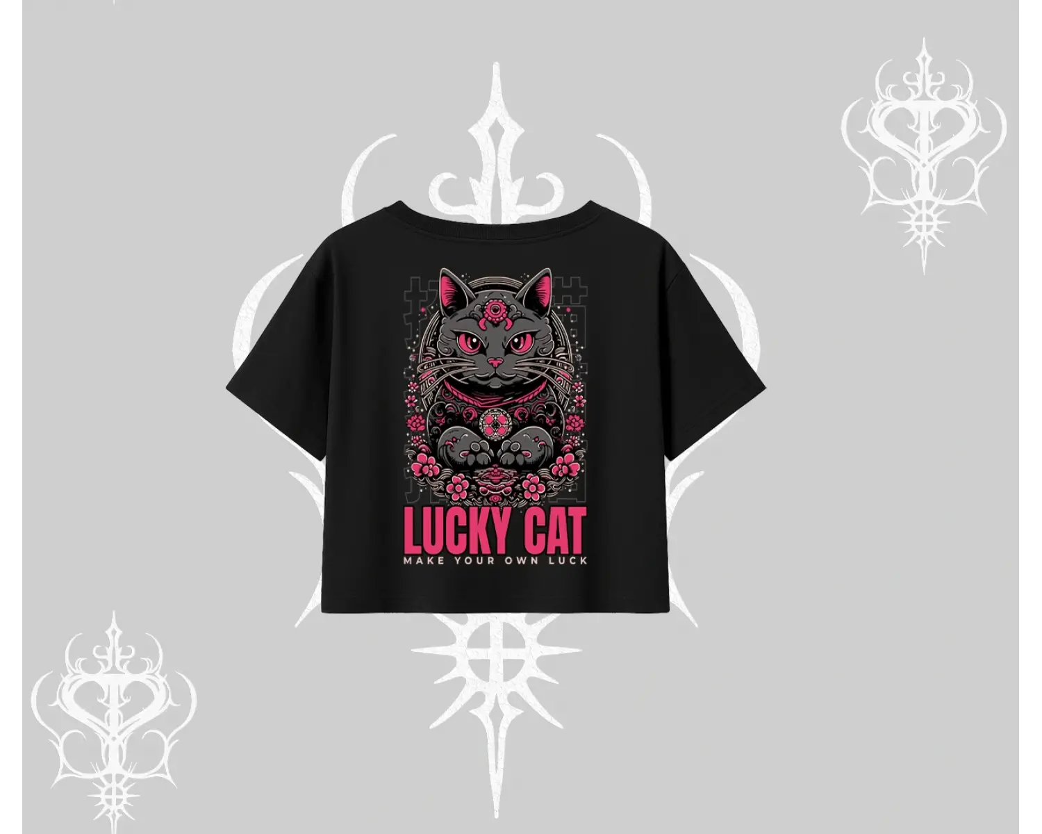 Lucky Cat Japon Tarzı Kedi Baskılı Oversize Crop Tshirt
