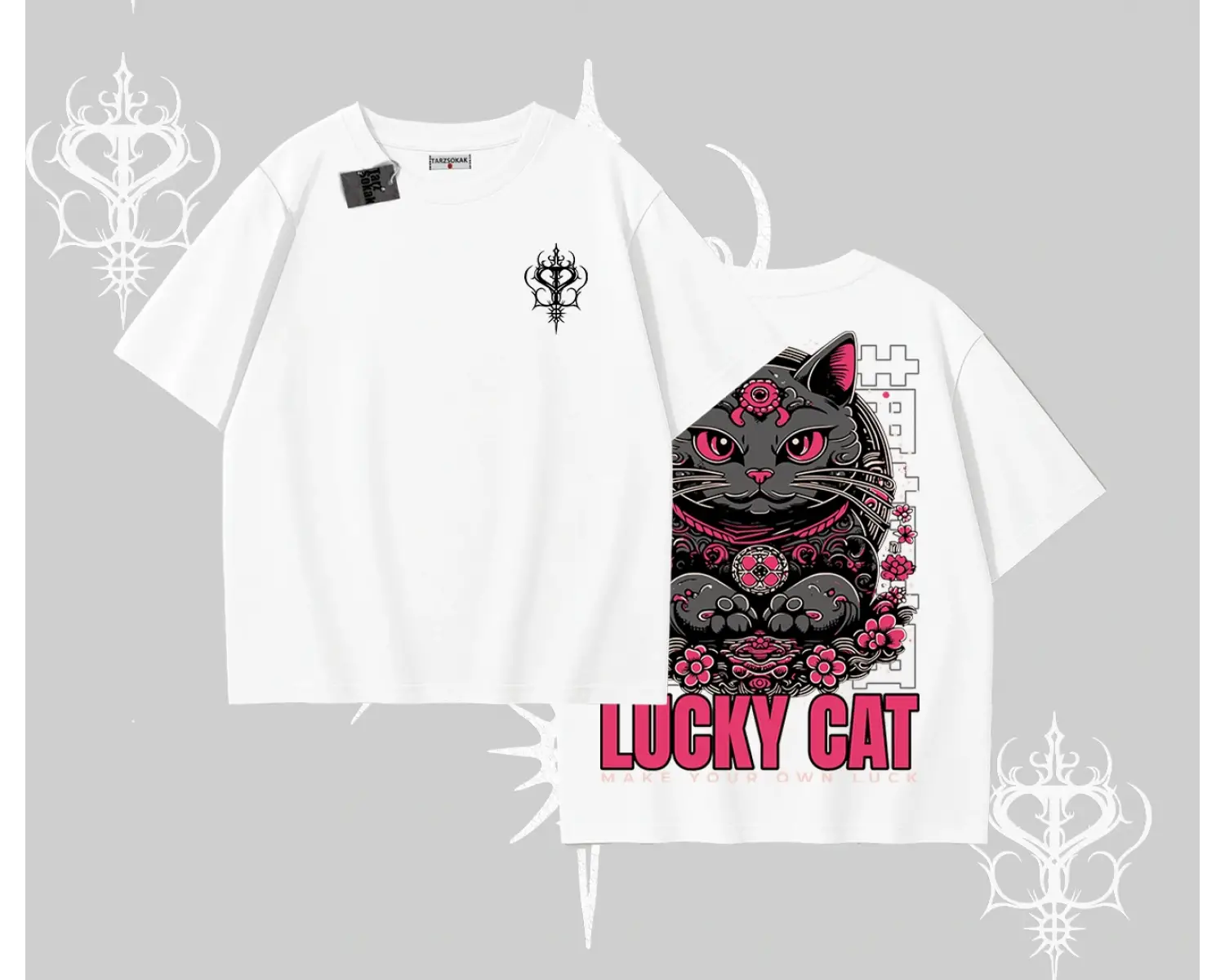 Lucky Cat Japon Tarzı Kedi Baskılı Oversize Tshirt