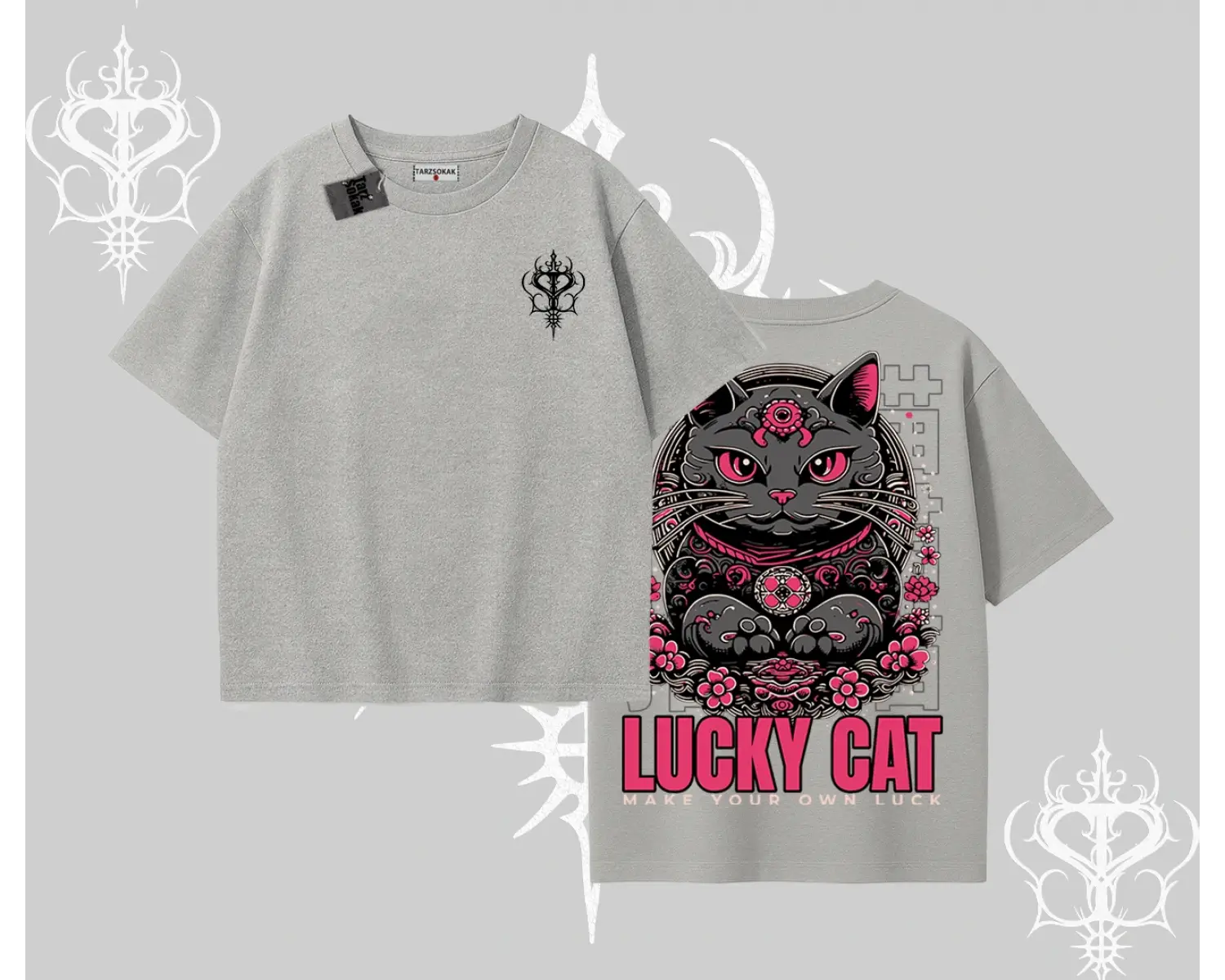 Lucky Cat Japon Tarzı Kedi Baskılı Oversize Tshirt
