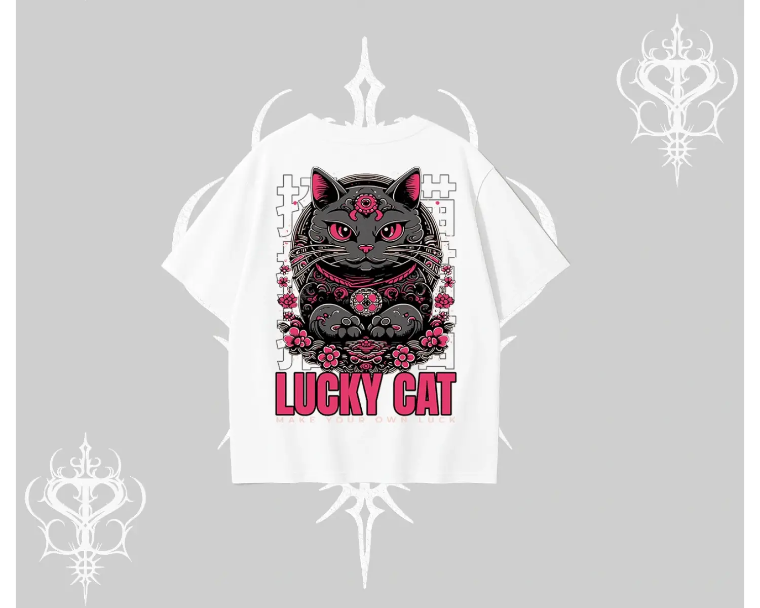Lucky Cat Japon Tarzı Kedi Baskılı Oversize Tshirt