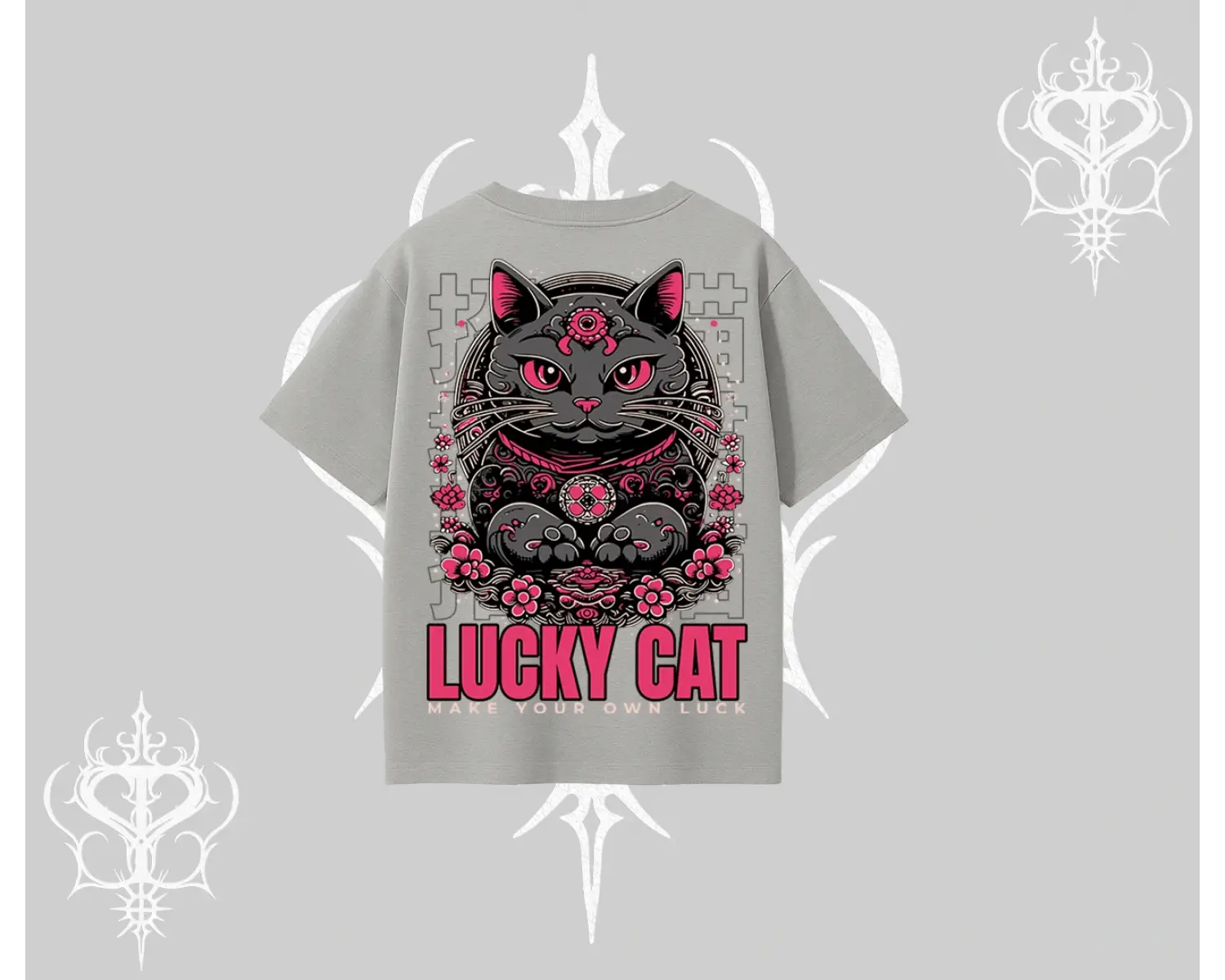 Lucky Cat Japon Tarzı Kedi Baskılı Oversize Tshirt