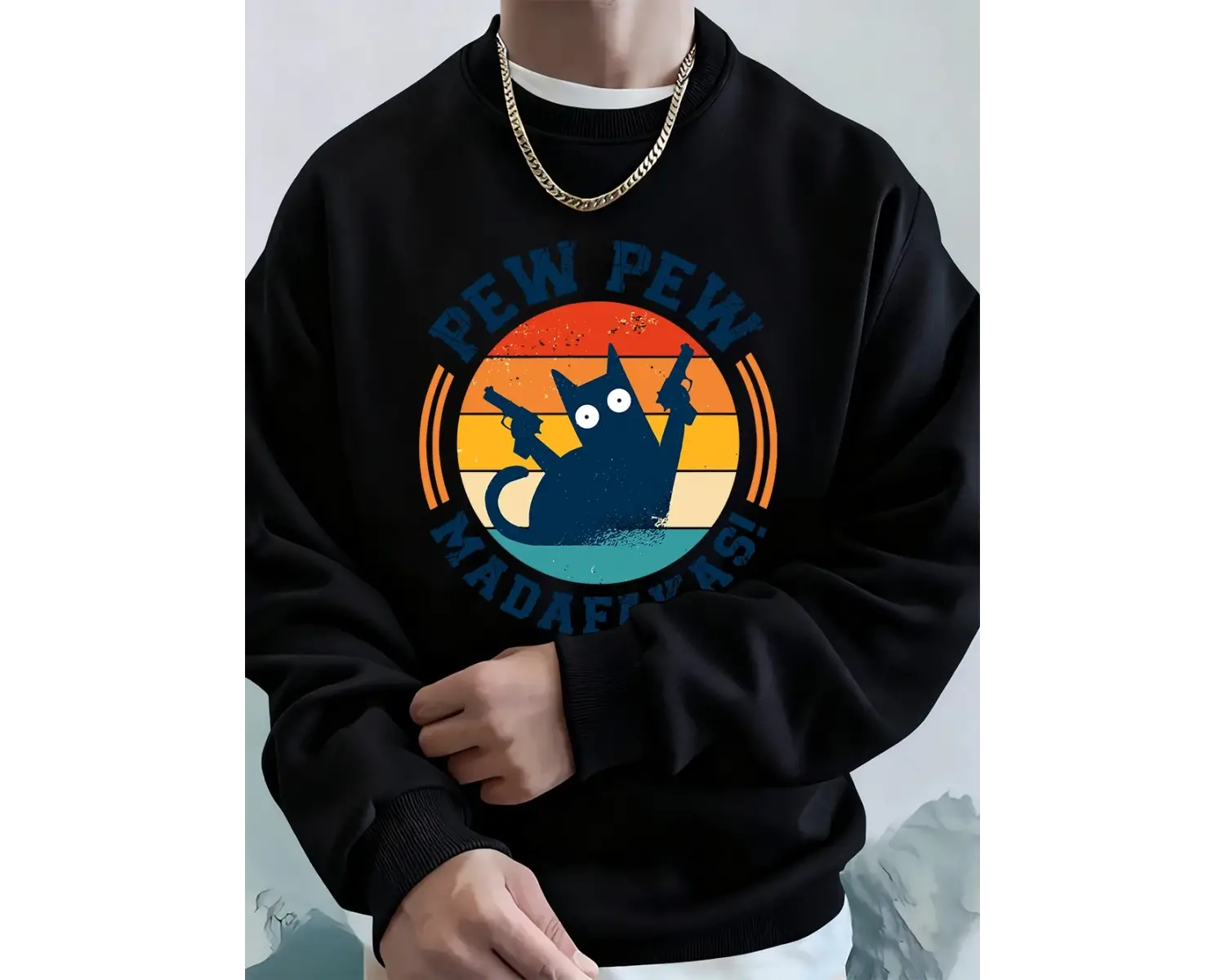 Madafakas Çift Silahlı Kedi Baskılı Erkek Kapüşonlu Üstü Sonbahar Polar Sıcak Sweatshirt Günl
