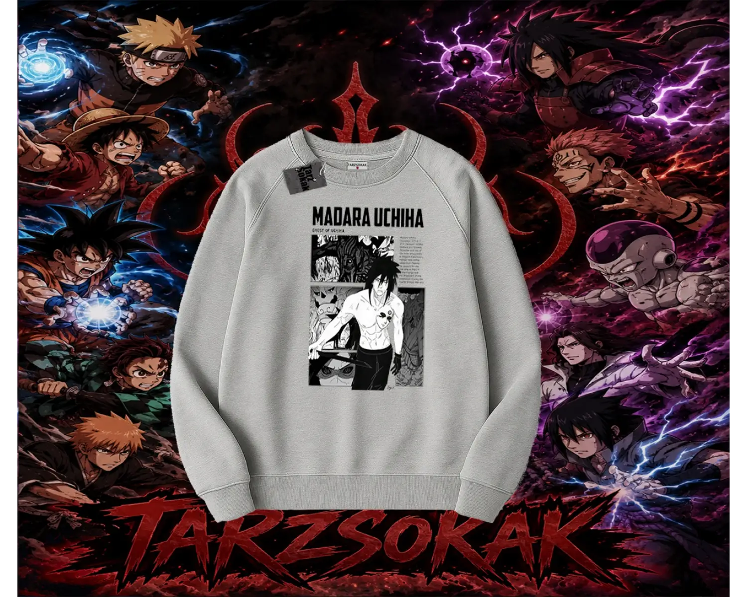 Madara Uchiha Naruto Anime Karakteri Oversize Unisex Bisiklet Yaka Sweatshirt Beyaz
