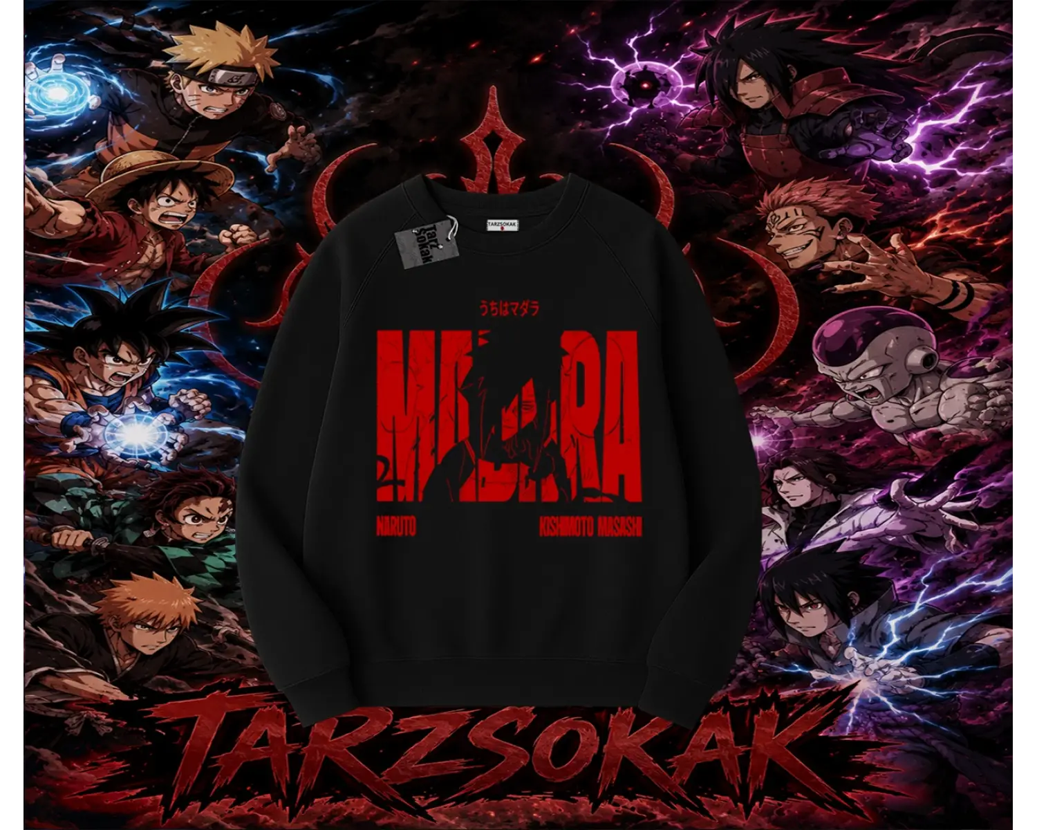 Madara Uchiha Naruto Anime Karakteri Oversize Unisex Bisiklet Yaka Sweatshirt Beyaz