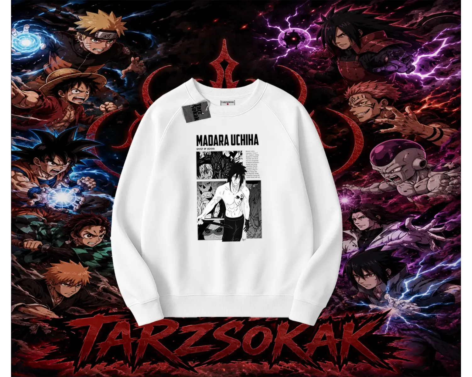 Madara Uchiha Naruto Anime Karakteri Oversize Unisex Bisiklet Yaka Sweatshirt Beyaz