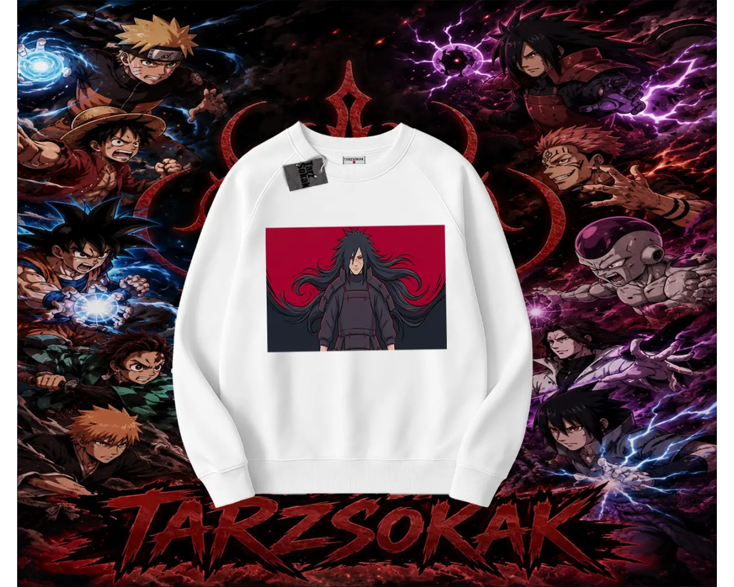 Madara Uchiha Naruto Anime Karakteri Oversize Unisex Bisiklet Yaka Sweatshirt Beyaz