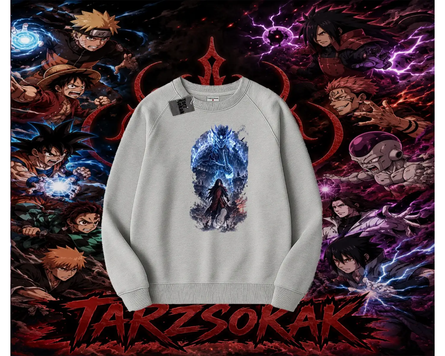 Madara Uchiha Naruto Anime Karakteri Oversize Unisex Bisiklet Yaka Sweatshirt Beyaz