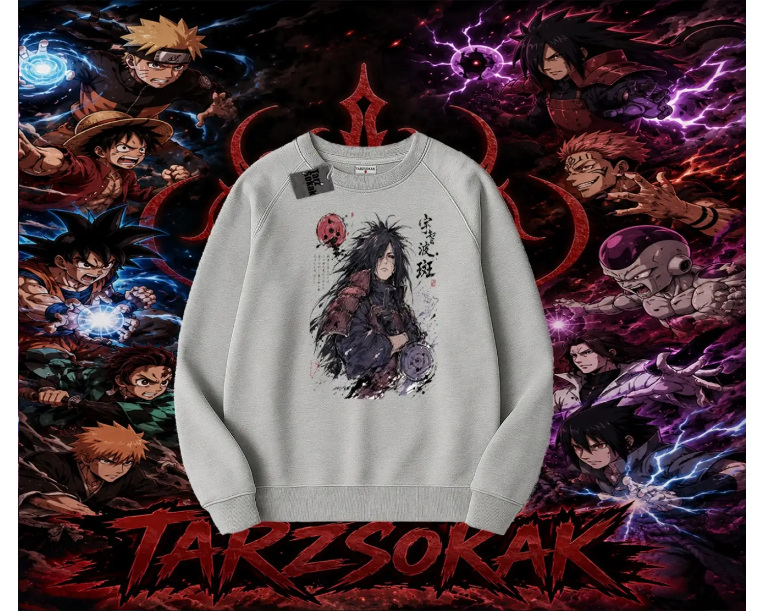 Madara Uchiha Naruto Anime Karakteri Oversize Unisex Bisiklet Yaka Sweatshirt Beyaz