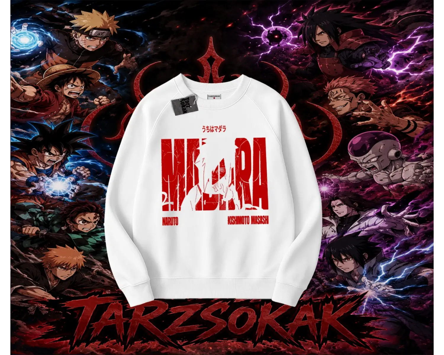 Madara Uchiha Naruto Anime Karakteri Oversize Unisex Bisiklet Yaka Sweatshirt Beyaz
