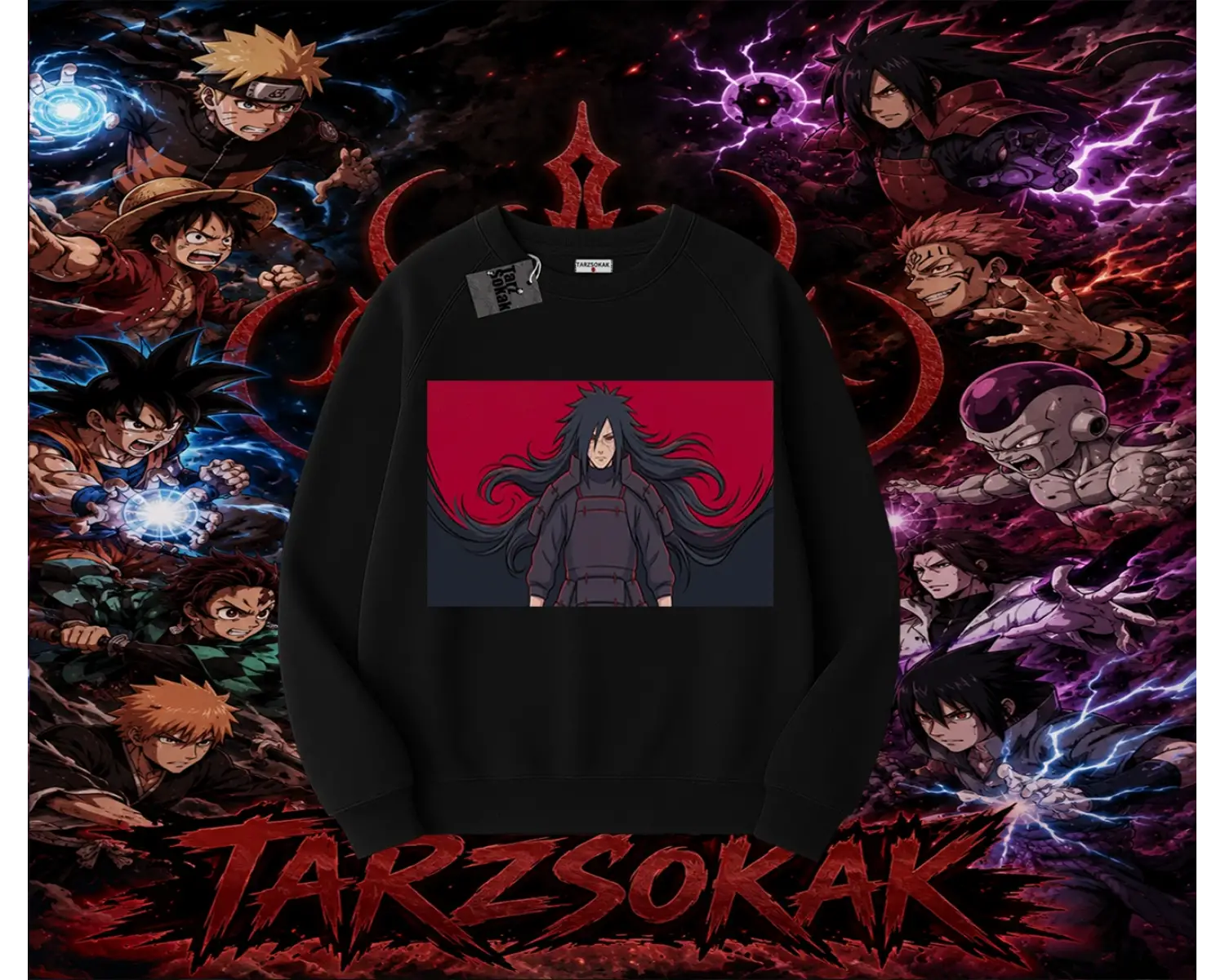 Madara Uchiha Naruto Anime Karakteri Oversize Unisex Bisiklet Yaka Sweatshirt Beyaz