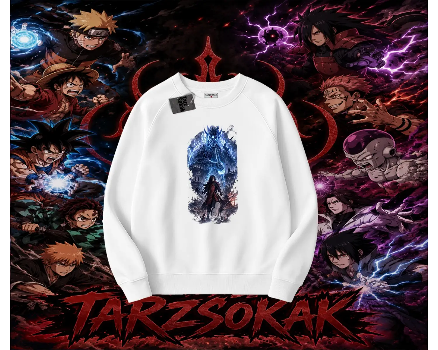 Madara Uchiha Naruto Anime Karakteri Oversize Unisex Bisiklet Yaka Sweatshirt Beyaz