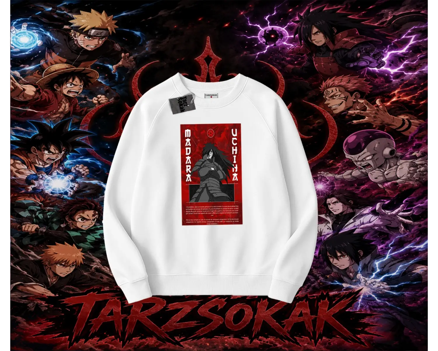 Madara Uchiha Naruto Anime Karakteri Oversize Unisex Bisiklet Yaka Sweatshirt Beyaz