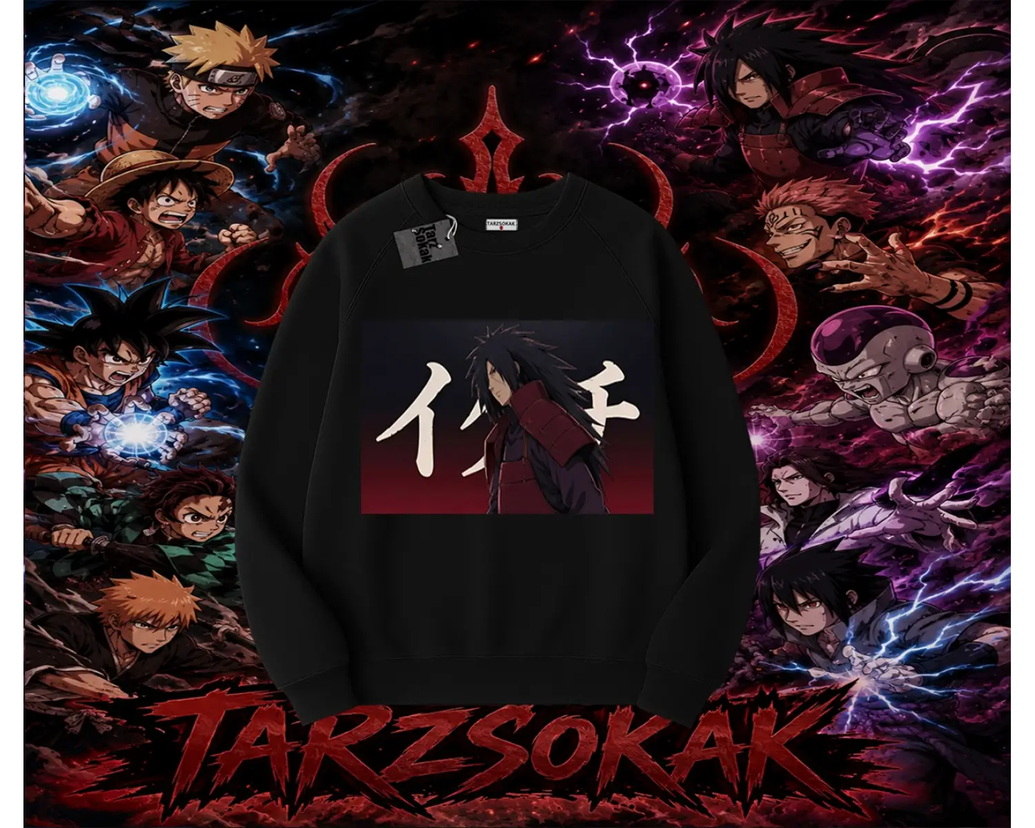 Madara Uchiha Naruto Anime Karakteri Oversize Unisex Bisiklet Yaka Sweatshirt Beyaz