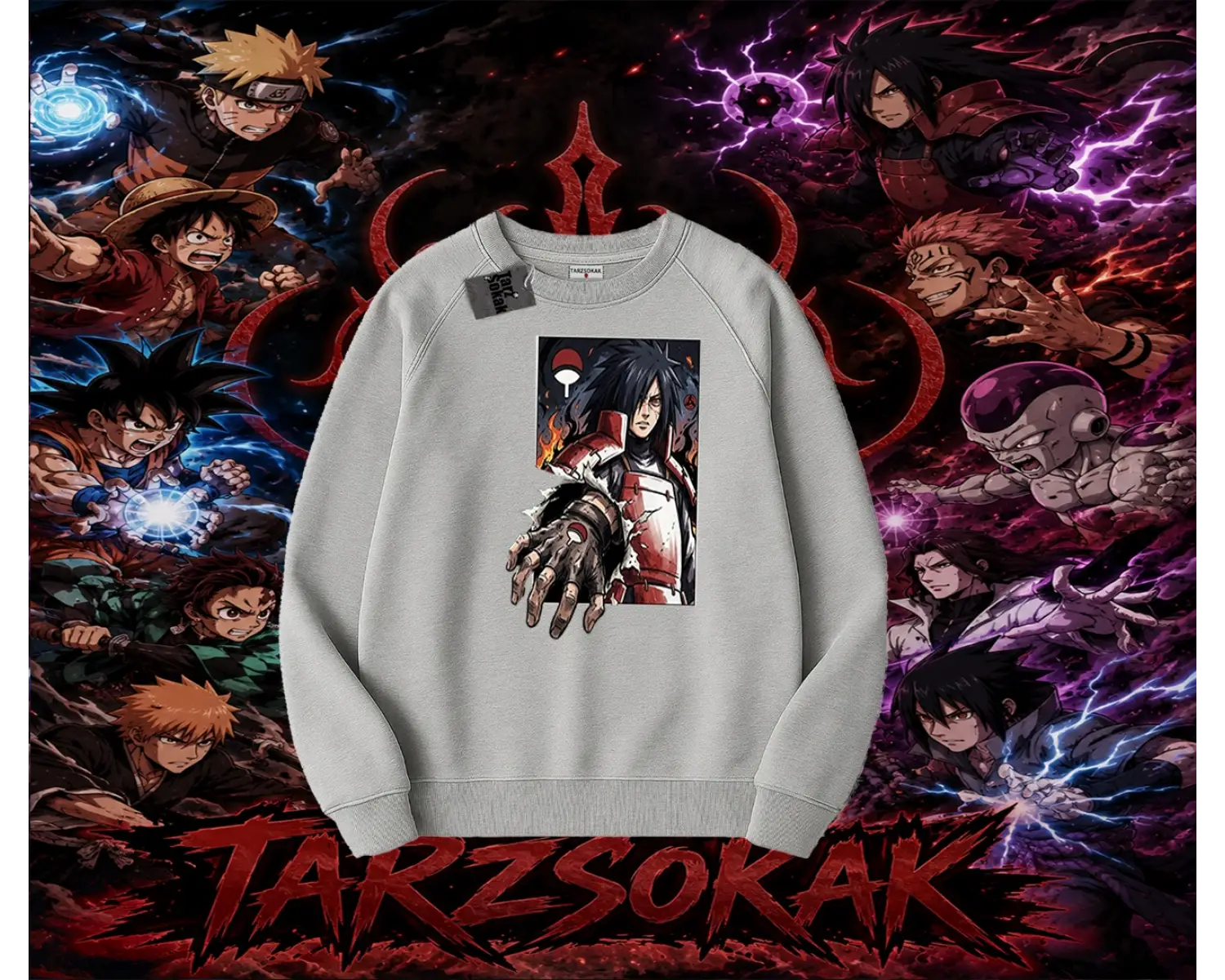 Madara Uchiha Naruto Anime Karakteri Oversize Unisex Bisiklet Yaka Sweatshirt Beyaz