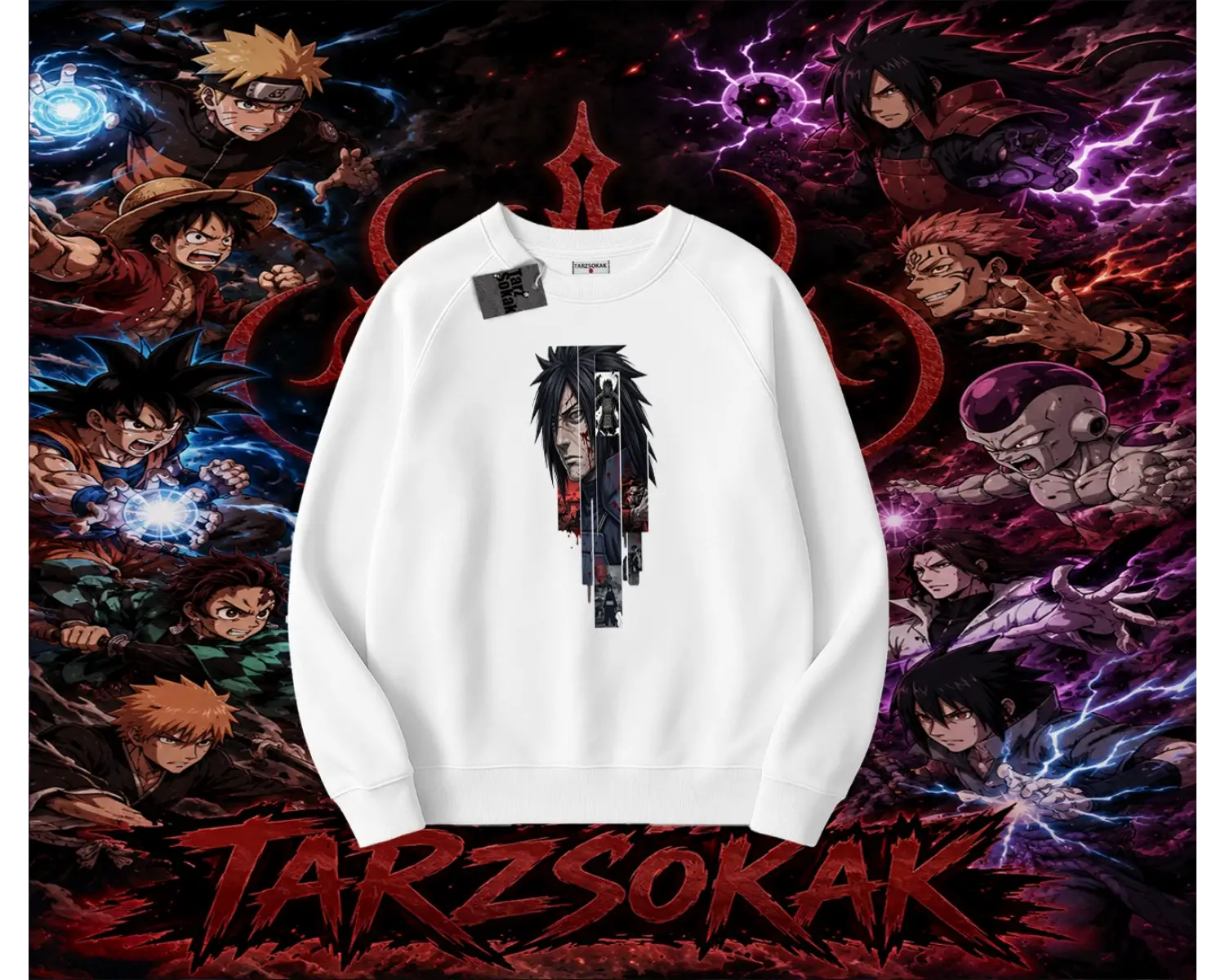 Madara Uchiha Naruto Anime Karakteri Oversize Unisex Bisiklet Yaka Sweatshirt Beyaz
