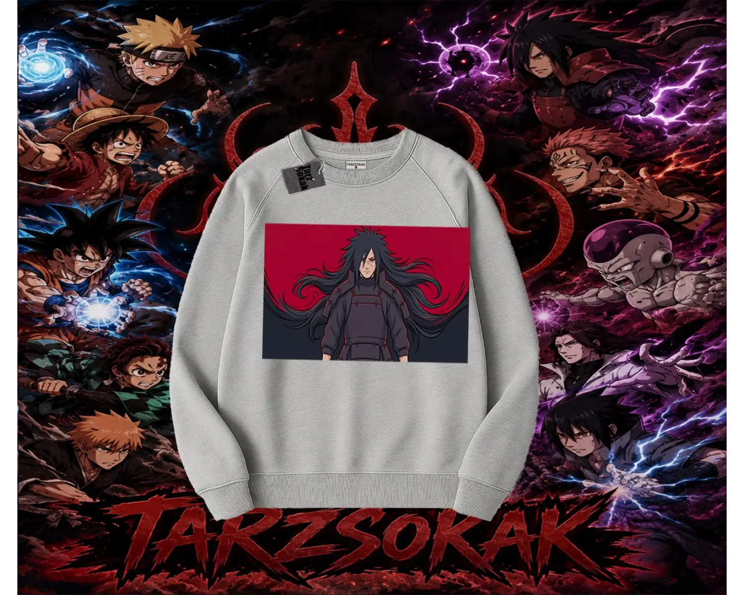 Madara Uchiha Naruto Anime Karakteri Oversize Unisex Bisiklet Yaka Sweatshirt Beyaz