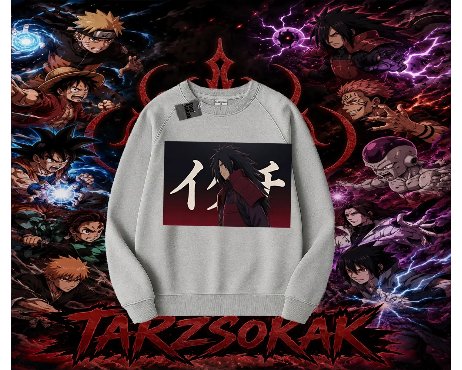 Madara Uchiha Naruto Anime Karakteri Oversize Unisex Bisiklet Yaka Sweatshirt Beyaz