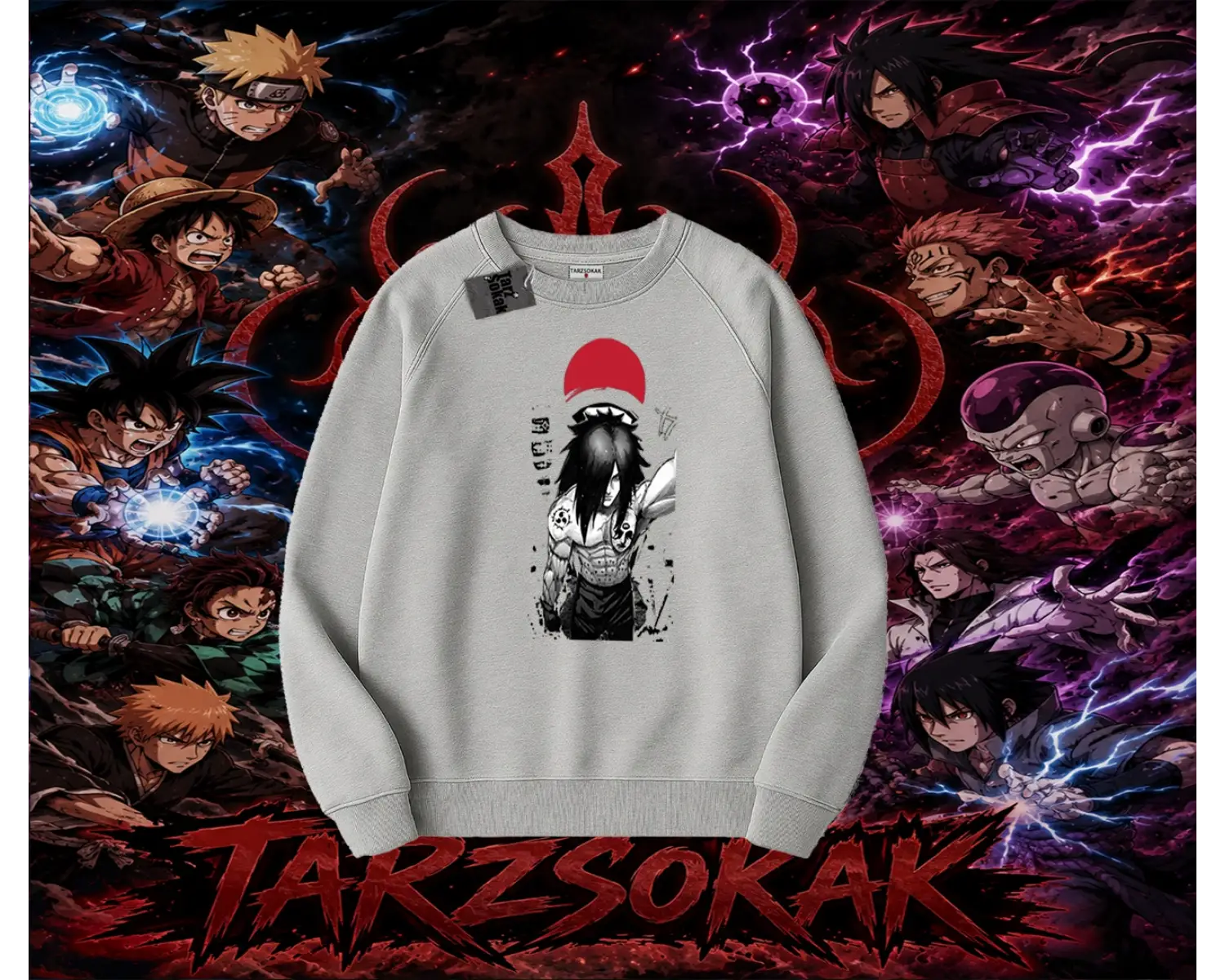 Madara Uchiha Naruto Anime Karakteri Oversize Unisex Bisiklet Yaka Sweatshirt Beyaz