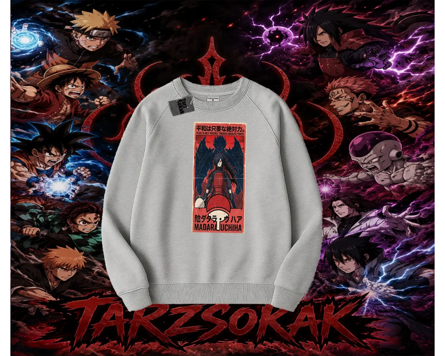 Madara Uchiha Naruto Anime Karakteri Oversize Unisex Bisiklet Yaka Sweatshirt Beyaz
