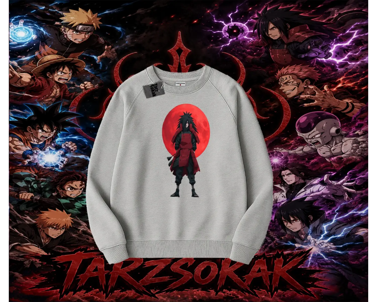 Madara Uchiha Naruto Anime Karakteri Oversize Unisex Bisiklet Yaka Sweatshirt Beyaz