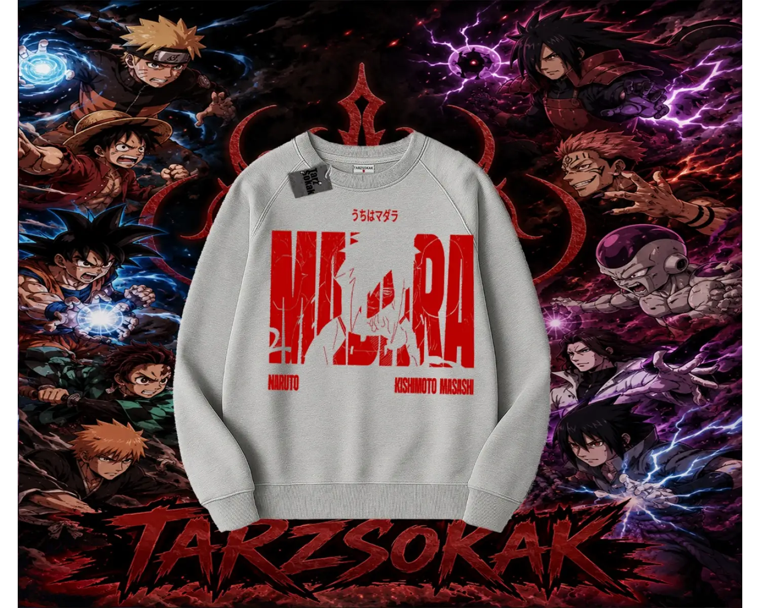 Madara Uchiha Naruto Anime Karakteri Oversize Unisex Bisiklet Yaka Sweatshirt Beyaz