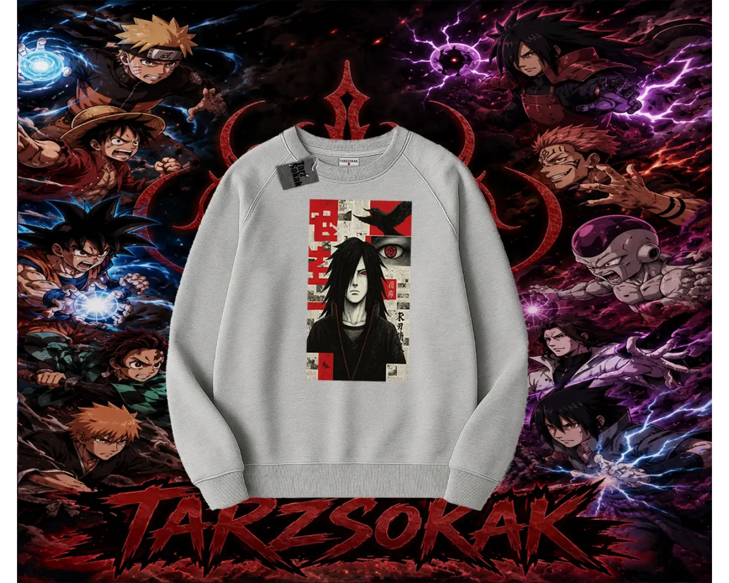 Madara Uchiha Naruto Anime Karakteri Oversize Unisex Bisiklet Yaka Sweatshirt Beyaz
