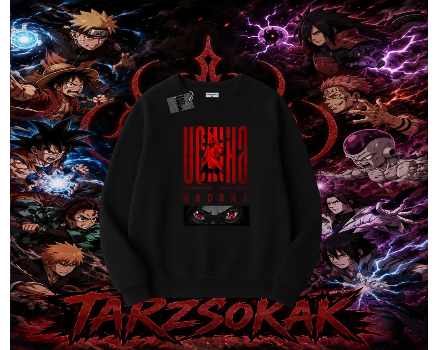 Madara Uchiha Naruto Anime Karakteri Oversize Unisex Bisiklet Yaka Sweatshirt Beyaz