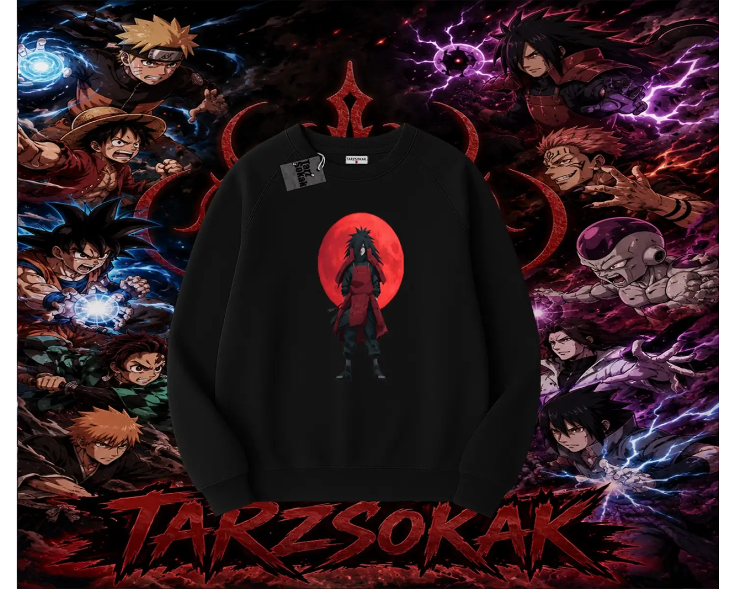 Madara Uchiha Naruto Anime Karakteri Oversize Unisex Bisiklet Yaka Sweatshirt Beyaz