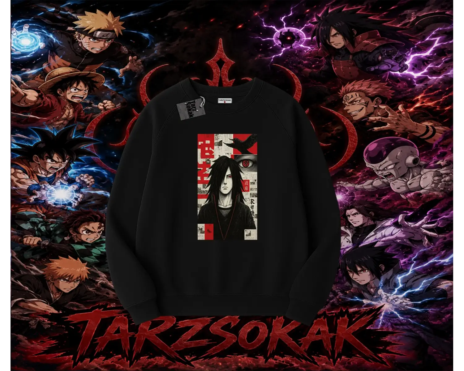 Madara Uchiha Naruto Anime Karakteri Oversize Unisex Bisiklet Yaka Sweatshirt Beyaz