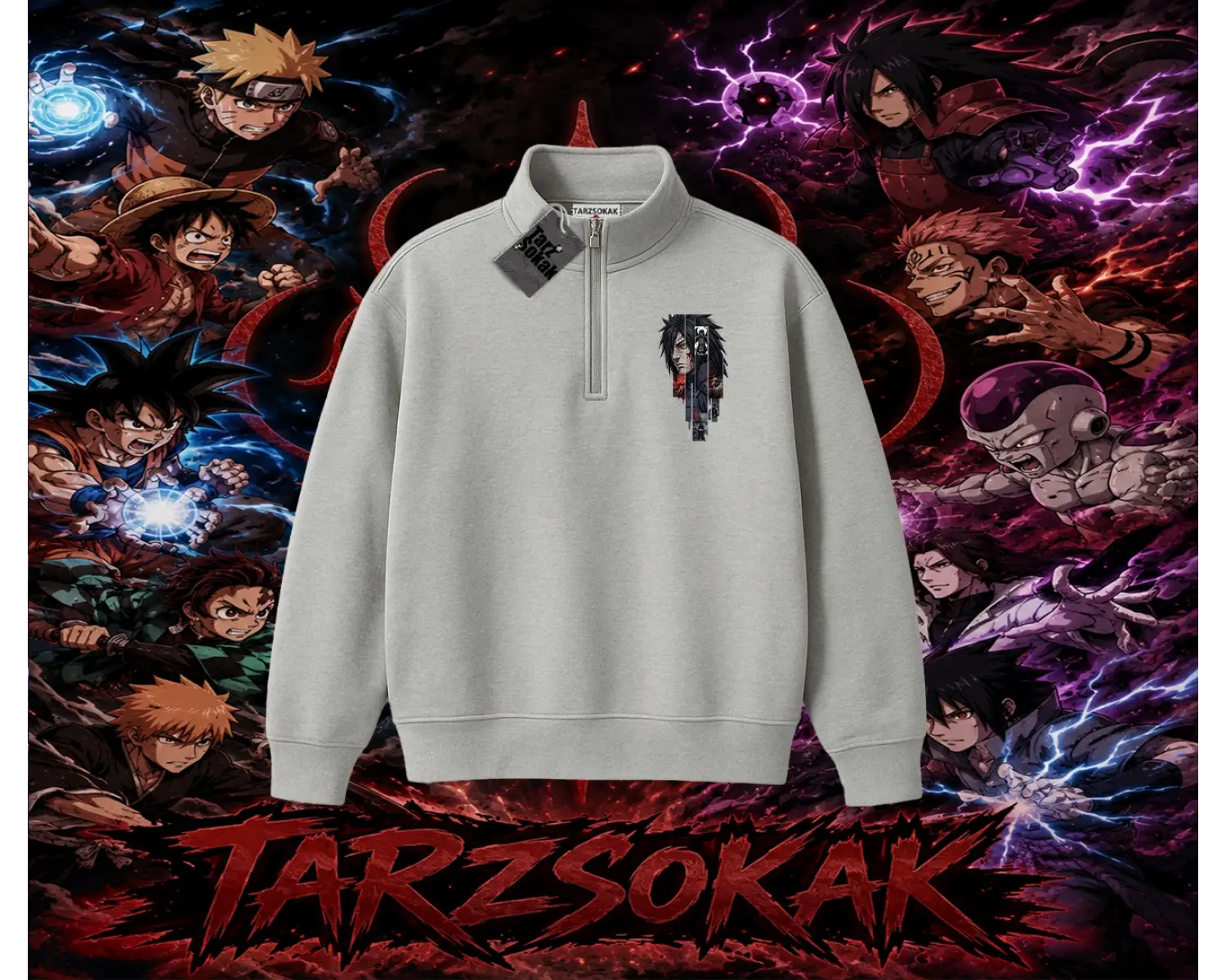 Madara Uchiha Naruto Anime Karakteri Unisex Polo Yaka Yarım Fermuarlı Sweatshirt Beyaz