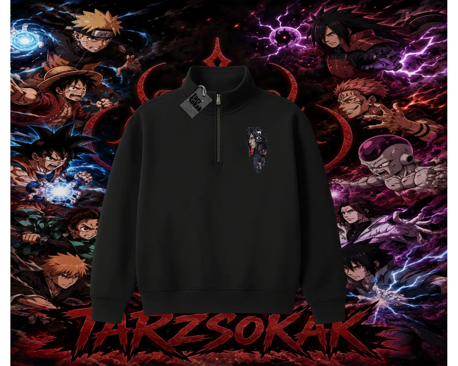 Madara Uchiha Naruto Anime Karakteri Unisex Polo Yaka Yarım Fermuarlı Sweatshirt Beyaz