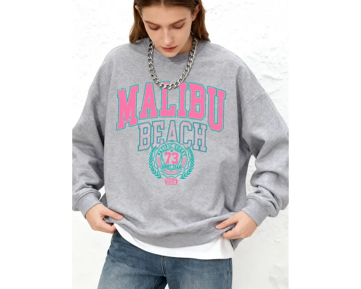 Malibu Beach Baskı Bayan Tişörtü Kış Sıcak Koşu Kapüşonlular Rahat Büyük Boy Bisiklet Yaka Ka