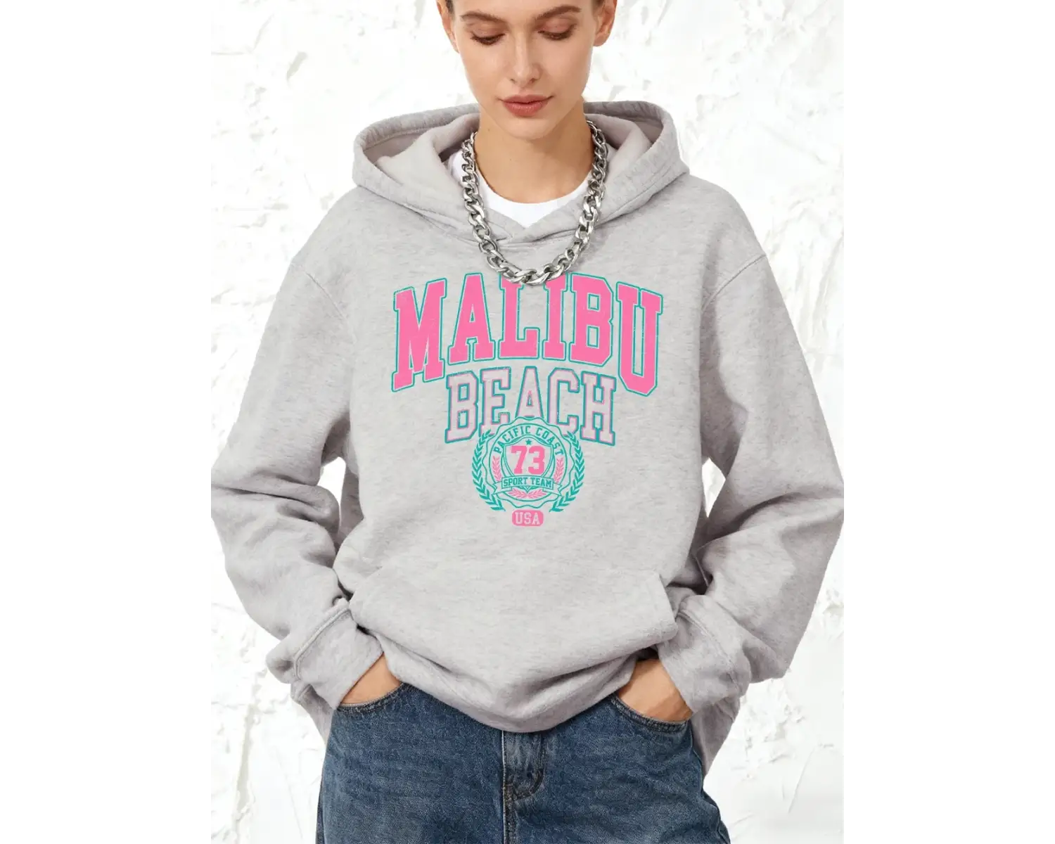 Malibu Plajı Mektup Baskılı Kapüşonlu Üstler Pamuklu Kadın Sporcu Bol Kazak Kışlık Polar Sıca