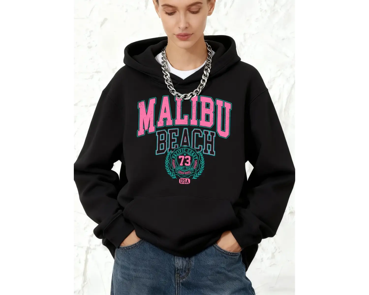 Malibu Plajı Mektup Baskılı Kapüşonlu Üstler Pamuklu Kadın Sporcu Bol Kazak Kışlık Polar Sıca