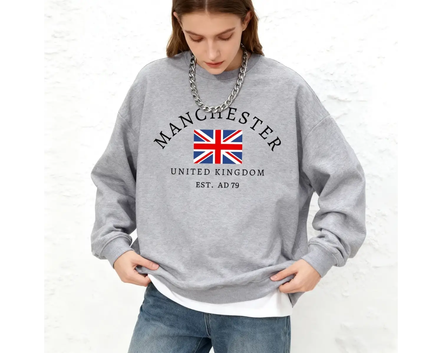 Manchester İngiltere Bayrağı Baskılı Kadın Kapüşonluları Sonbahar Bisiklet Yaka Tişörtü Temel