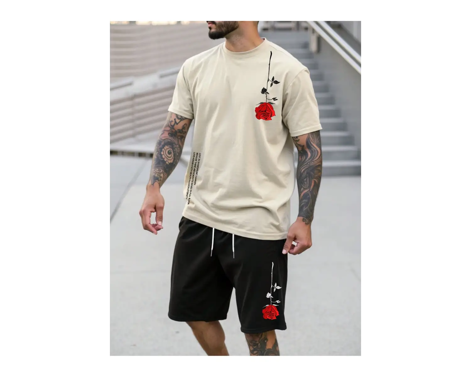 Manfinity Homme 2 Adet/Takım Erkek Çiçek Desenli Tişört Ve Şort Takımı