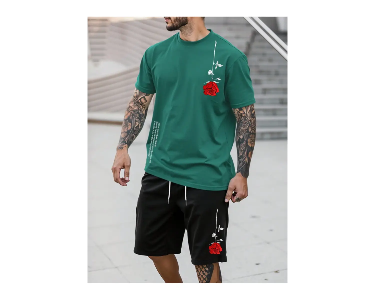 Manfinity Homme 2 Adet/Takım Erkek Çiçek Desenli Tişört Ve Şort Takımı