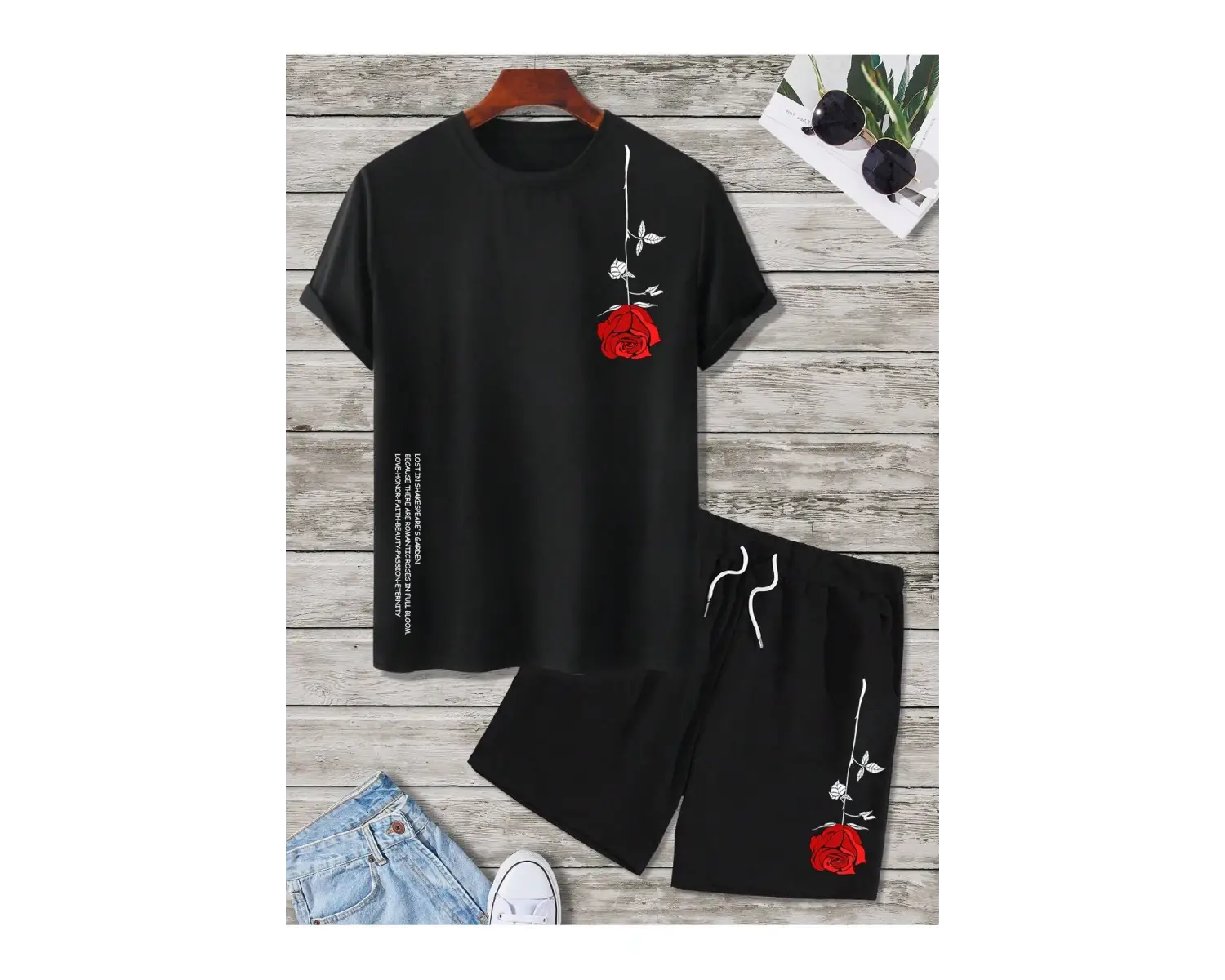 Manfinity Homme 2 Adet/Takım Erkek Çiçek Desenli Tişört Ve Şort Takımı