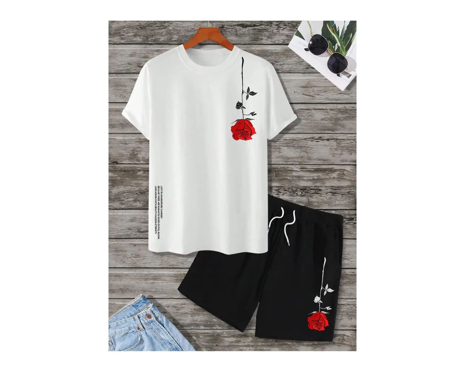 Manfinity Homme 2 Adet/Takım Erkek Çiçek Desenli Tişört Ve Şort Takımı