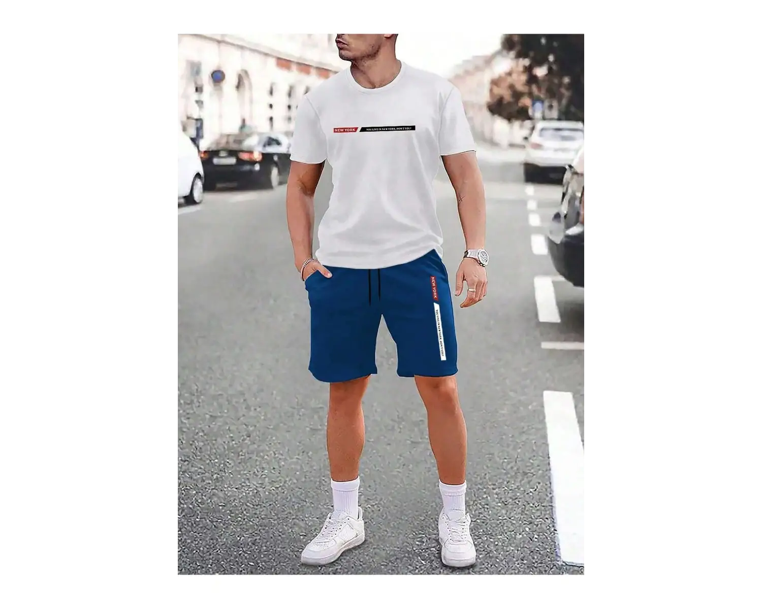 Manfinity Homme 2 Adet/Takım Erkek Yuvarlak Yaka Kısa Kollu Baskılı Günlük Üst ve Şort Takımı