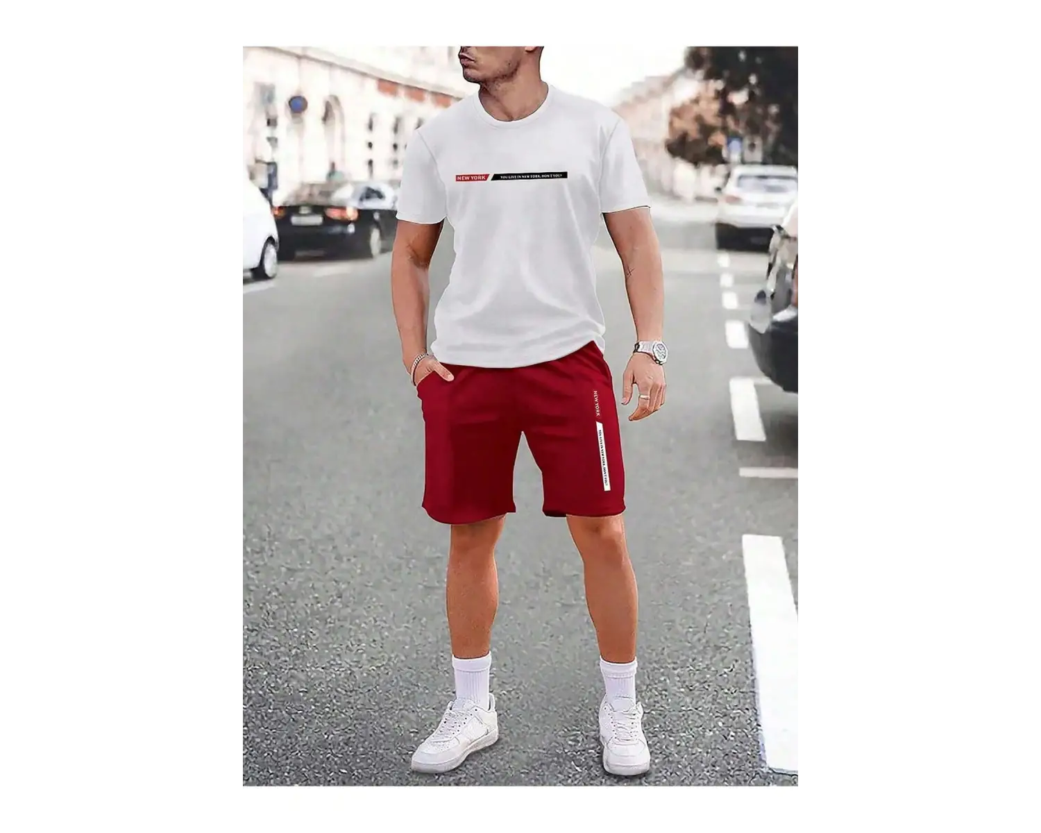 Manfinity Homme 2li Erkek Grafik Baskılı Rahat Yuvarlak t ve Şort Takım