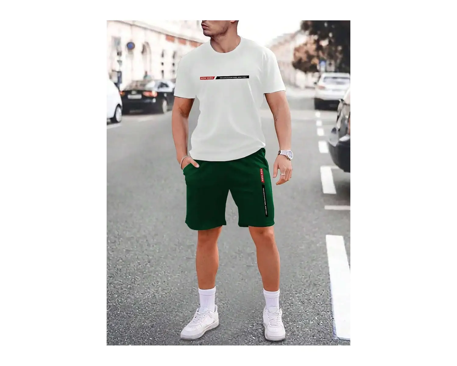 Manfinity Homme Erkek Slogan Grafik Bel Şort Takımı