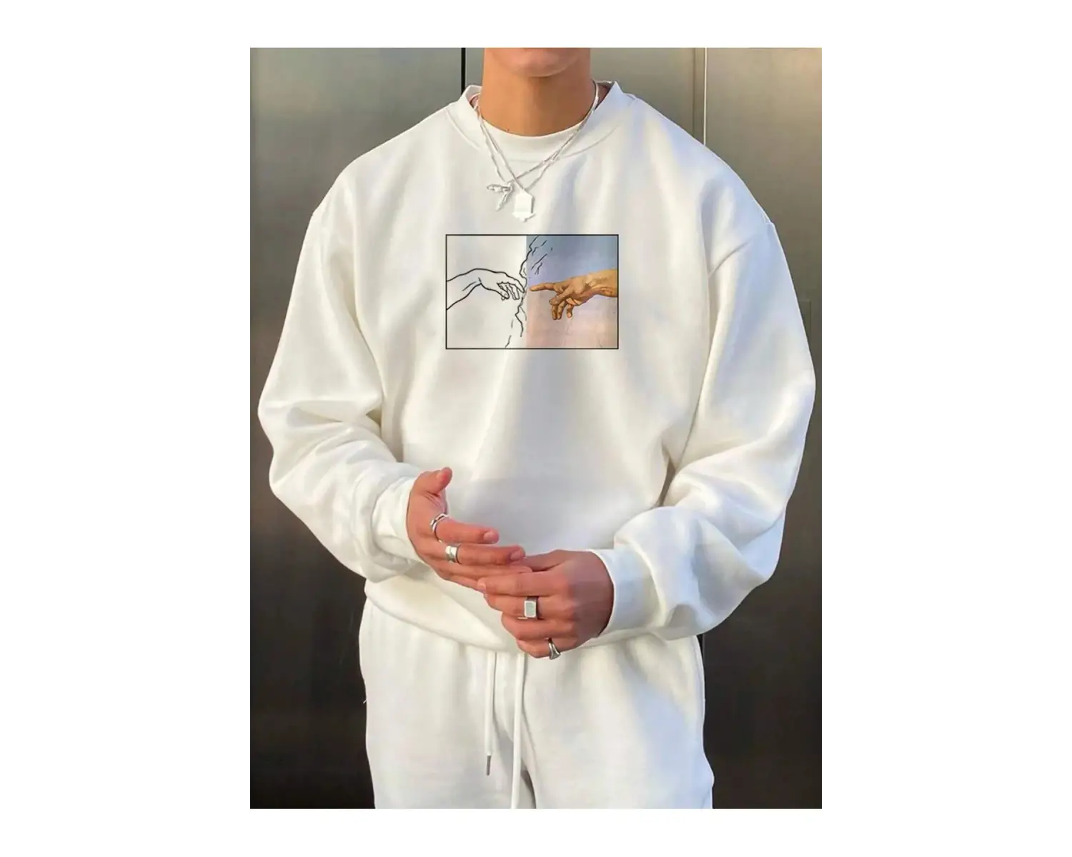 Manfinity Homme Hand Print Drop Shoulder Sweatshirt Beyaz