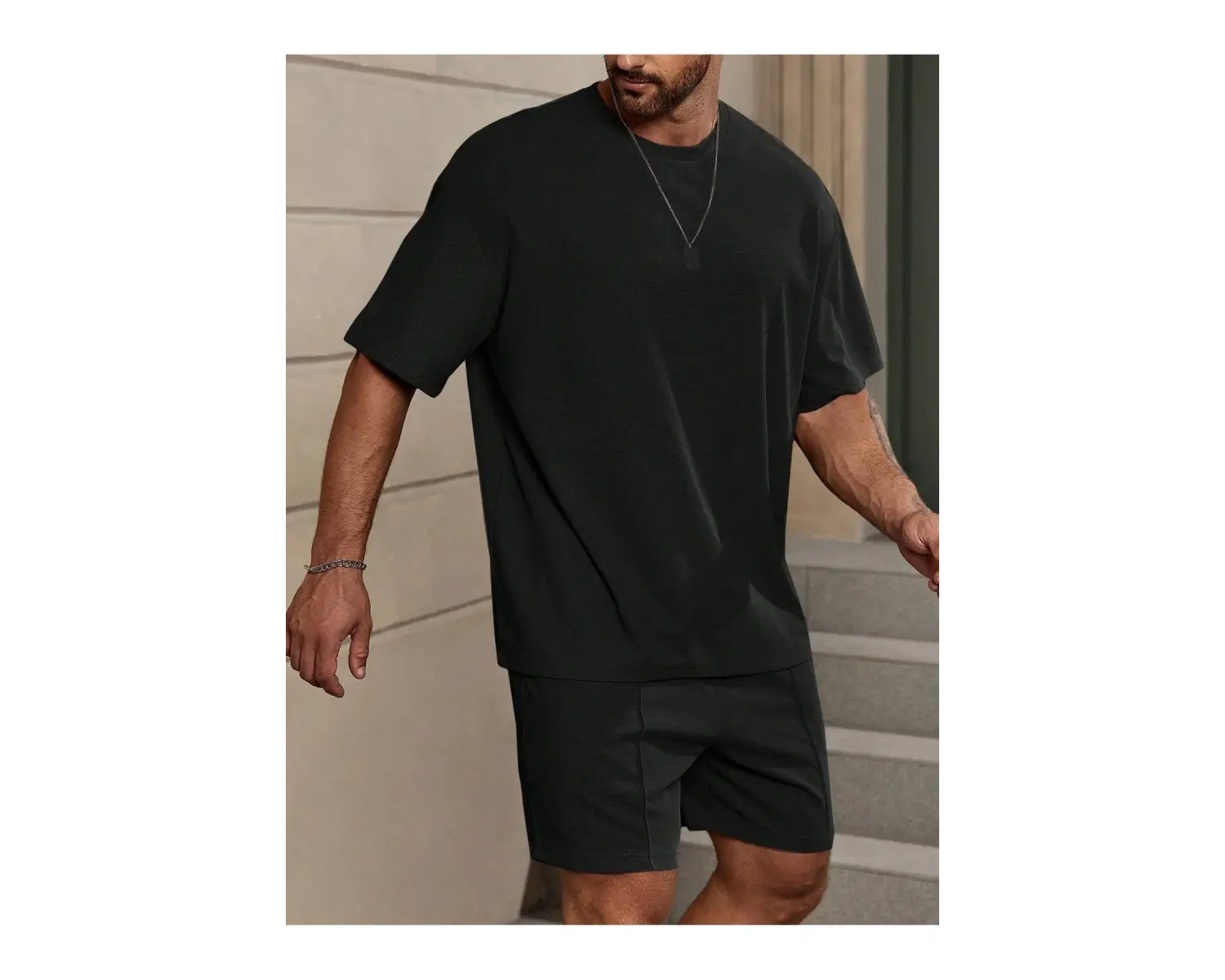 Manfinity Homme Loose Fit Erkek Düz Renk Düşük Omuz Tişört Ve Şort Takımı
