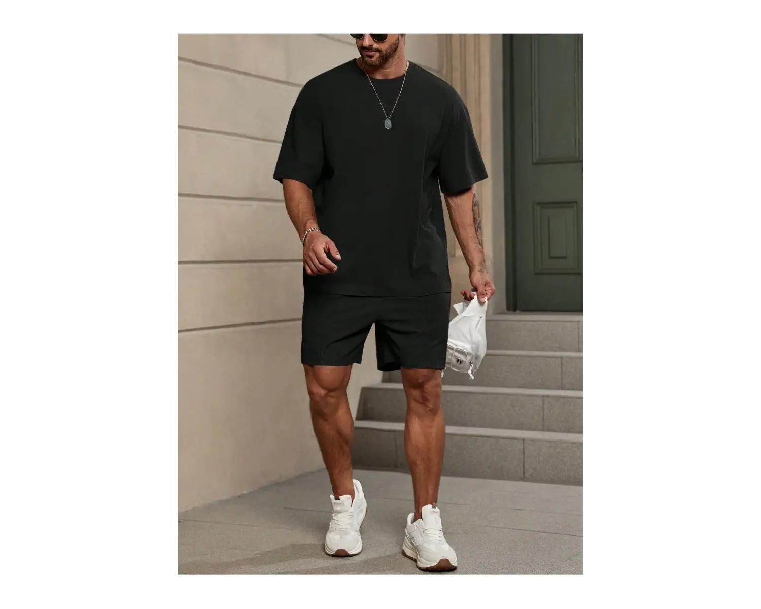 Manfinity Homme Loose Fit Erkek Düz Renk Düşük Omuz Tişört Ve Şort Takımı