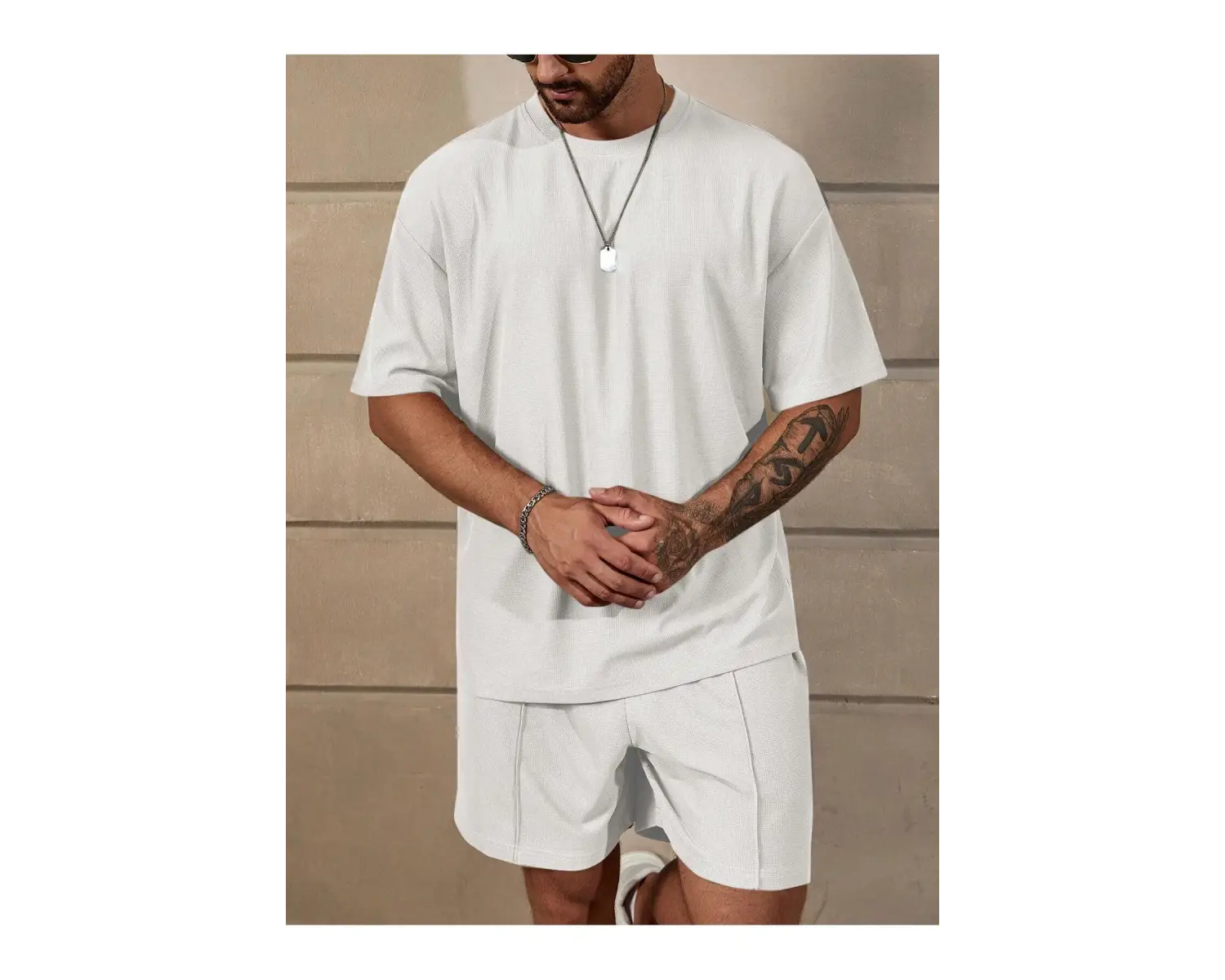 Manfinity Homme Loose Fit Erkek Düz Renk Düşük Omuzlu Tişört ve Şort